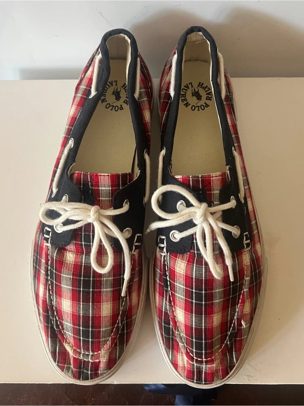 Polo Ralph Lauren Mens Size 12 D Red Blue White Plaid Loafers Boat Shoes